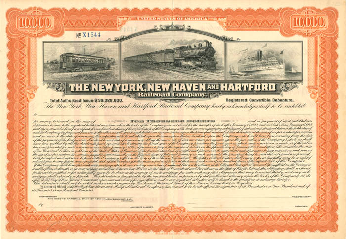 New York, New Haven and Hartford Railroad Co. - 1900's circa $10,000 Unissued Bond